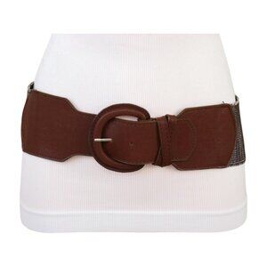New Women Brown Faux Leather Elastic Distressed Fashion Belt Hip High Waist S M